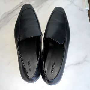 Vince. Genuine Black Leather Slip -On, Beige Leather Sole. Size 10 Gently Worn